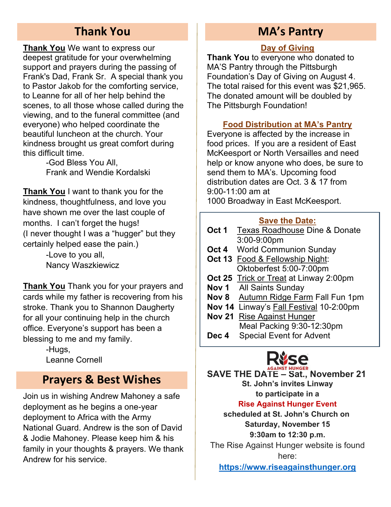 Thank You Notes, MA's Pantry & Calendar – The Linway News (September/October 2026)